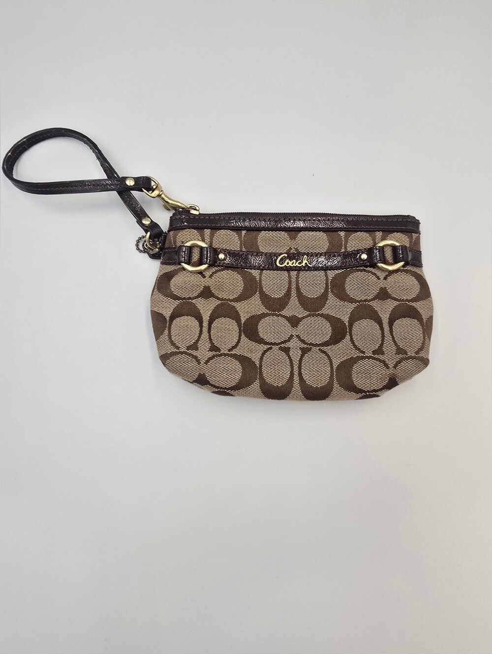 Coach Brown Signature Canvas Wristlet with Dark Brown Trim